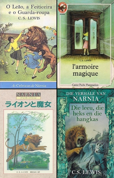 Translated editions of 'The Lion, the Witch and the Wardrobe' from Brazil, France, Japan, and South Africa. 🇧🇷🇫🇷🇯🇵🇿🇦 #NarniaAroundTheWorld