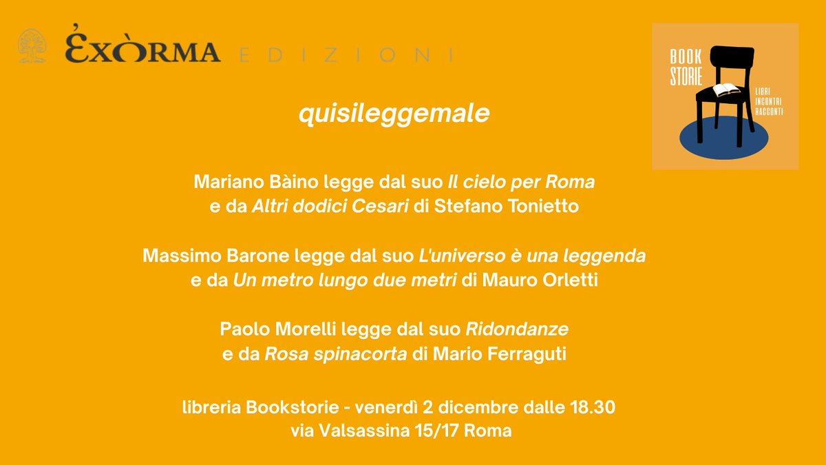 Un incontro alla libreria Bookstorie di Roma per ascoltare come suonano i libri della collana “quisiscrivemale” e strapparvi un sorriso!
Tre scrittori leggono ad alta voce brani da sei testi della collana, i loro e quelli di altri. Testi spiazzanti, comici, drammatici e vivaci 😁