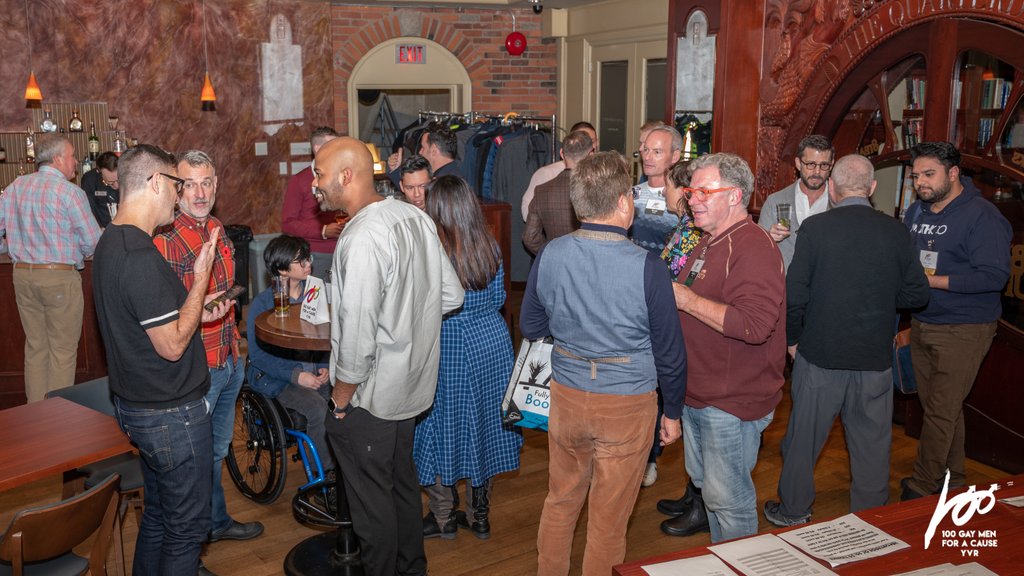 GayMenForACause's tweet photo. Look at these beautiful people socializing at the Nov 3 meeting of 100 Gay Men for a Cause YVR! We came together to support incredible work being done by #MetroVancouver #charities to lift up 2SLGBTQ+ #youth.⁠ (📸: jackson photografix) For more photos: https://t.co/bz6IM9bW1b https://t.co/8TJDJOJDKh
