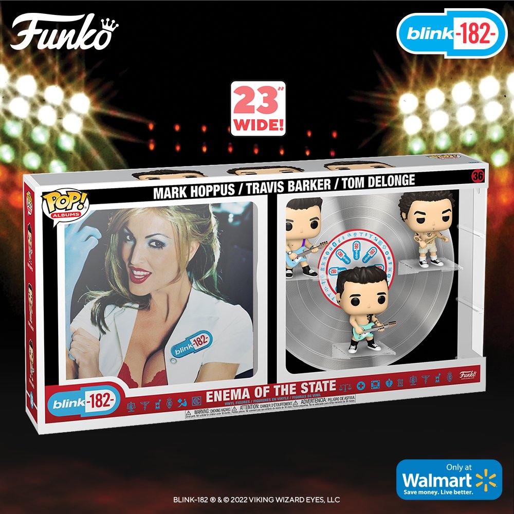 Funko's tweet photo. Put a spin on your POP! Music set with this Walmart Exclusive Enema of the State POP! Albums Deluxe collectible. Rock on with blink-182 and commence the 1999 release of the chart-topping album, Enema of the State. https://t.co/H0aDbTFHRJ #Funko #FunkoPOP @Walmart @blink182 https://t.co/BDwdYEf3Qf