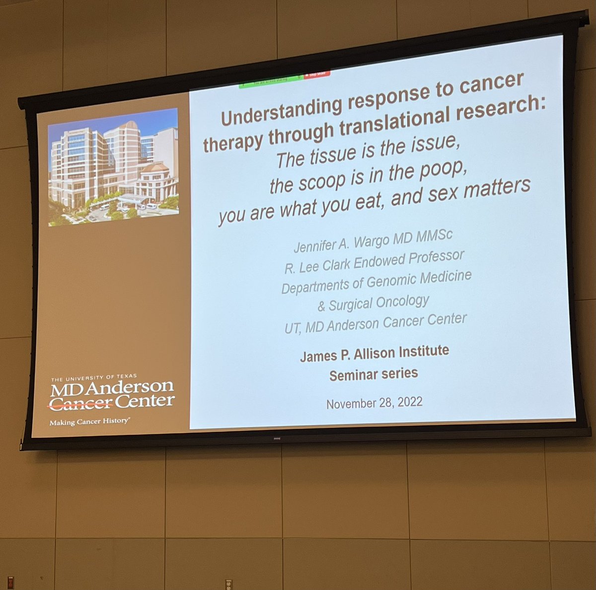 KristalGant5's tweet photo. The James P. Allison Seminar series - the perfect way to start my Monday. Dr. Wargo speaks on her amazing work exploring neoadjuvant targeted ICB, and the roles sex and diet play in patient response and survival.

@JimAllisonPhD @PamSharmaMDPhD @MDAndersonNews https://t.co/aGv0T0UxF1