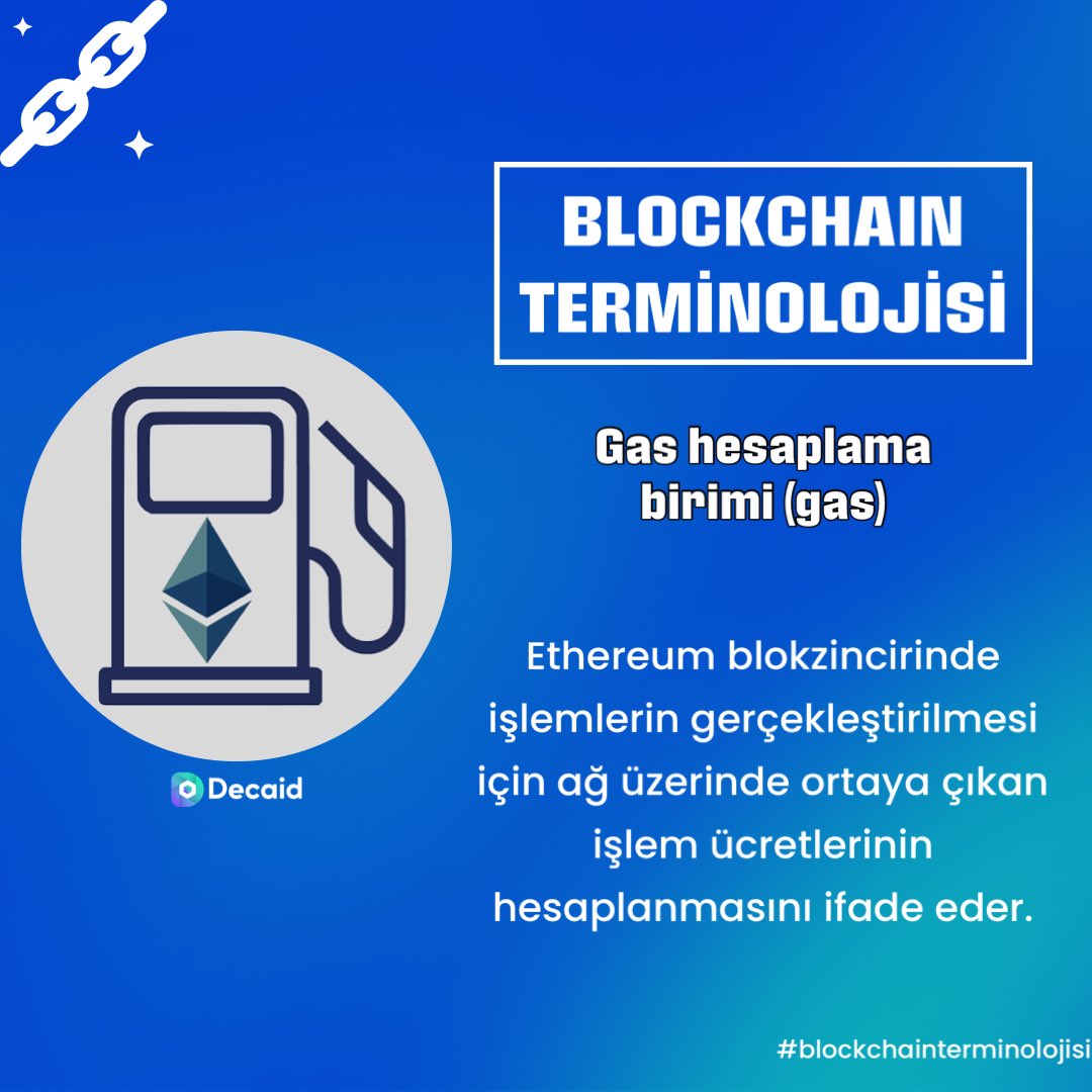 Trioblockchain's tweet image. 🔗 Blockchain Terminolojisi 

- Gas hesaplama birimi (gas)

#decaid #blockchain #blockchaintechnology #web3 #web3community #nft #nftcommunity #smartcontracts #akıllıkontrat #blokzincir #yazılım #software #developer #finans #teknoloji #bitcoin #ethereum #borsa #trade #defi