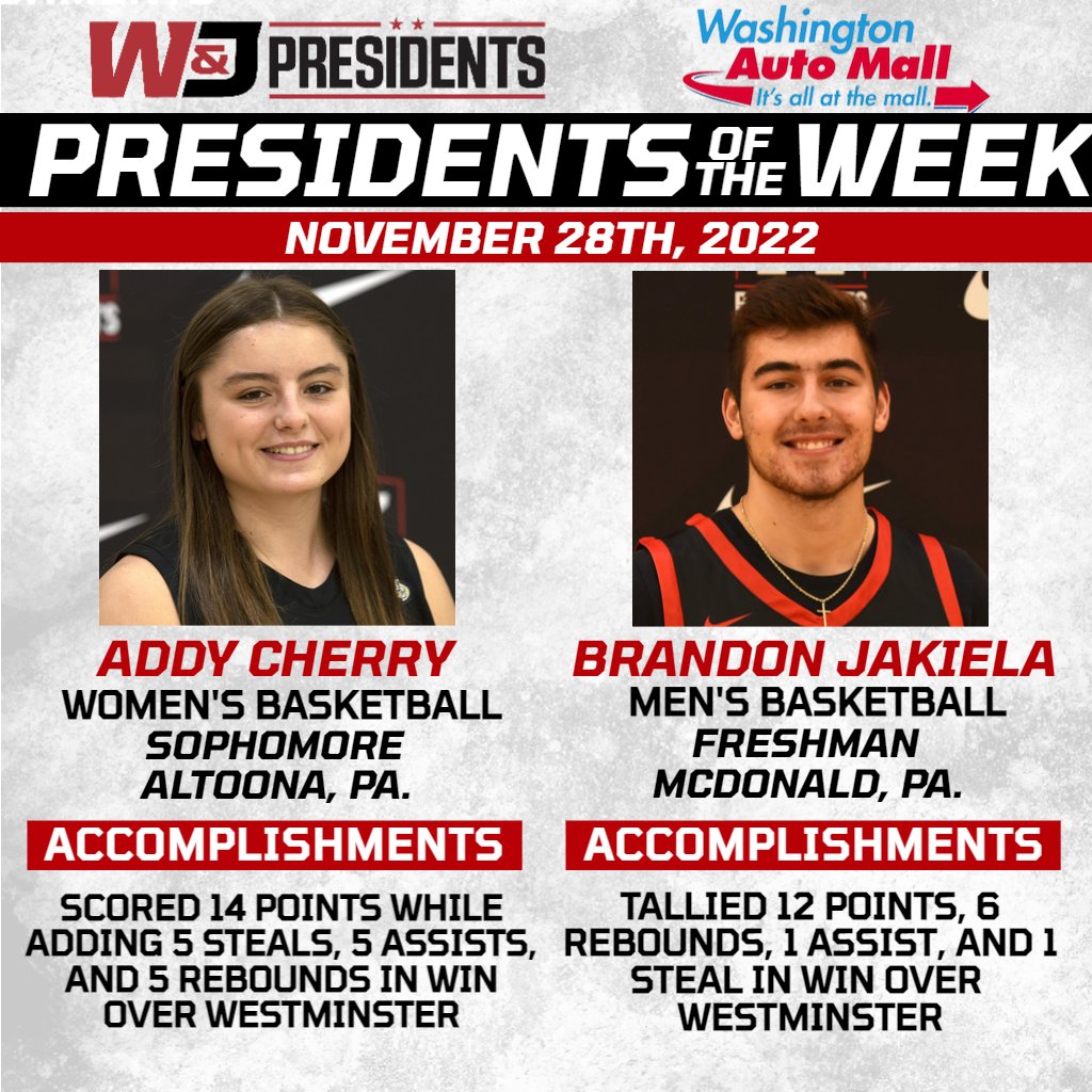 Here are your Washington Auto Mall Presidents of the Week - Addy Cherry (Women's Basketball) and Brandon Jakiela (Men's Basketball)! Vote again next week! #PrezPride
