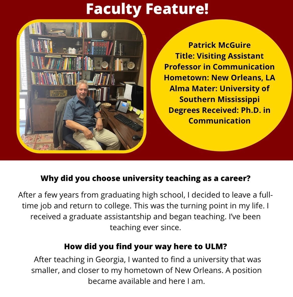 UlmComm's tweet image. Get to know Dr. Patrick McGuire! Dr. McGuire is one of our newest additions to the Communication Program and has shown great enthusiasm for his work and his students’ success! #ulmcommprogram