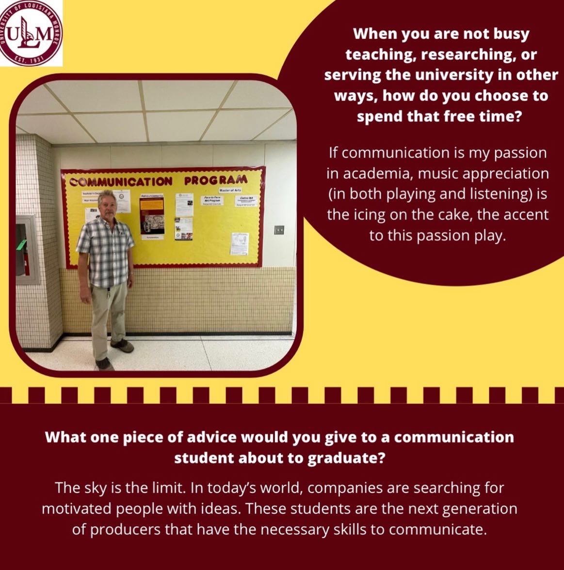 UlmComm's tweet image. Get to know Dr. Patrick McGuire! Dr. McGuire is one of our newest additions to the Communication Program and has shown great enthusiasm for his work and his students’ success! #ulmcommprogram