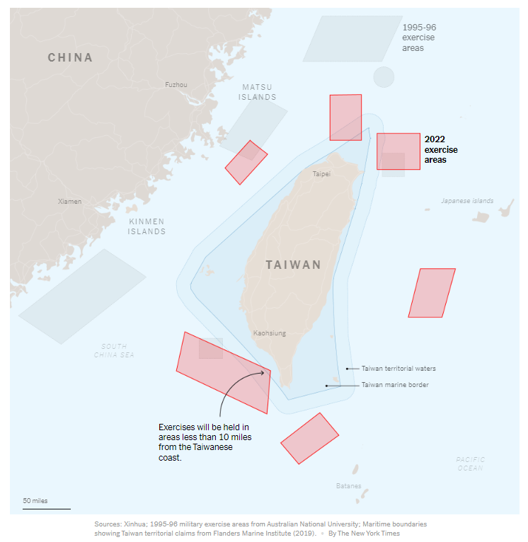 Gráfico con la ubicación de los ejercicios militares llevados a cabo por el Ejército de Liberación Popular de China en agosto de 2022.