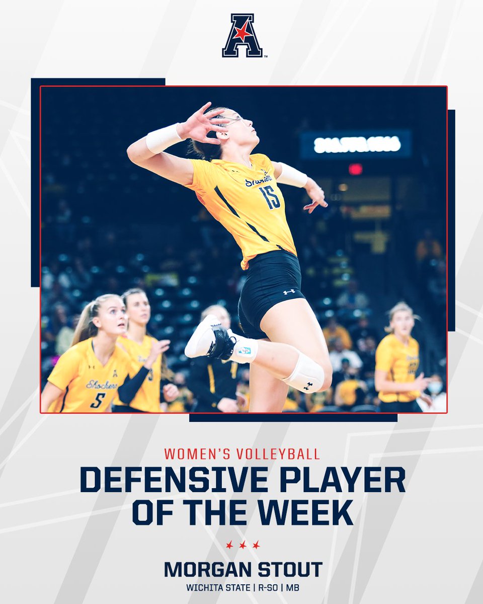 American_VBall's tweet photo. 𝗗𝗘𝗙𝗘𝗡𝗦𝗜𝗩𝗘 𝗣𝗟𝗔𝗬𝗘𝗥 𝗢𝗙 𝗧𝗛𝗘 𝗪𝗘𝗘𝗞

Morgan Stout averaged 1.78 blocks per set for @GoShockersVB 

#AmericanVB https://t.co/MJMoRS429w