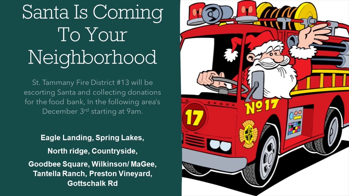 STPFD13's tweet photo. Mark your calendars!
Santa is coming to visit your neighborhood. 
We wanted to bring back smiles that we missed the last two years. Santa will be onboard, and all we ask is for some can goods or box meals for the Northshore food bank. Let’s make this year a good year for all. https://t.co/wLb3774xoE
