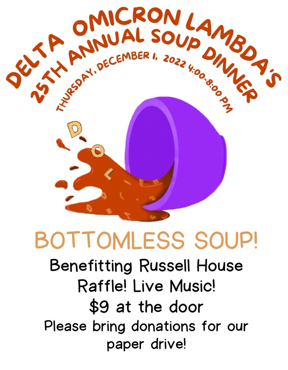 RussellHouseMO's tweet photo. This Thursday at First United Methodist Church, Delta Omicron Lambda will be hosting their annual bottomless soup dinner benefitting Russell House! Come join the fun and warm up from the cold weather with a good bowl of soup! https://t.co/LlFbJAknCE