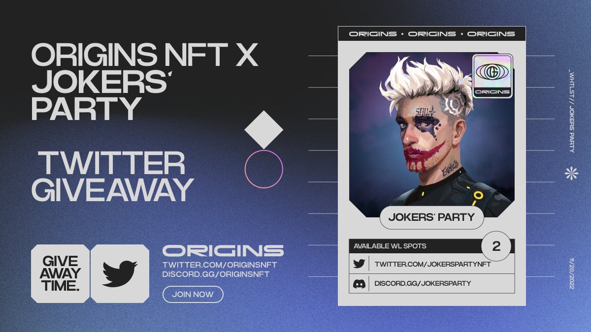 Origins x Jokers' Party

Jokers' Party is a PFP NFT community fighting against elite manipulation, pursuing the truth and free thinking.

2 Spots!

To enter:
1. Follow <a href="/Origins_Collabs/">Origins Collabs</a> &amp; <a href="/JokersPartyNFT/">Jokers’ Party</a>
2. Like+RT
3. Tag 3 friends

20 hours!