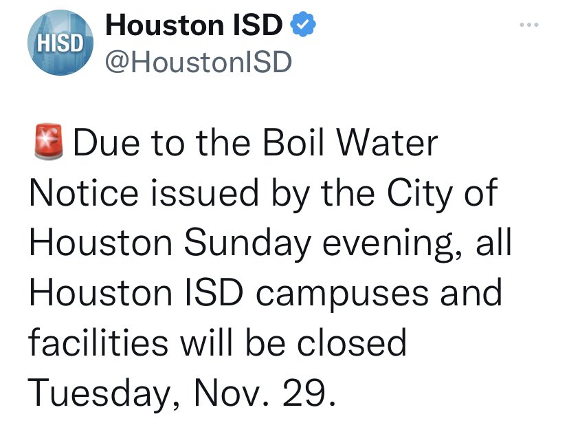 Debido al aviso de hervir el agua emitido por la ciudad de Houston, todas las escuelas, oficinas e instalaciones de HISD estarán cerradas martes 29 de noviembre del 2022.