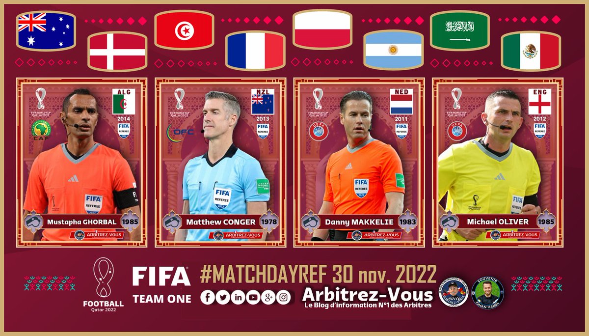 ArbitrezVous's tweet photo. 🌐 #FIFA #FIFAWorldCup #Qatar2022
Au programme de ce mercredi 30 novembre 2022 #MATCHDAYREF
#AUSDEN #TUNFRA #POLARG #KSAMEX
@ArbitresSAFE @FFF @lequipe @deux_zero @Law5_TheRef @fifacom_fr @fifaworldcup_fr @dutchreferee @MikaelReferee @VictoriaGooner https://t.co/TDi0S8aVFW