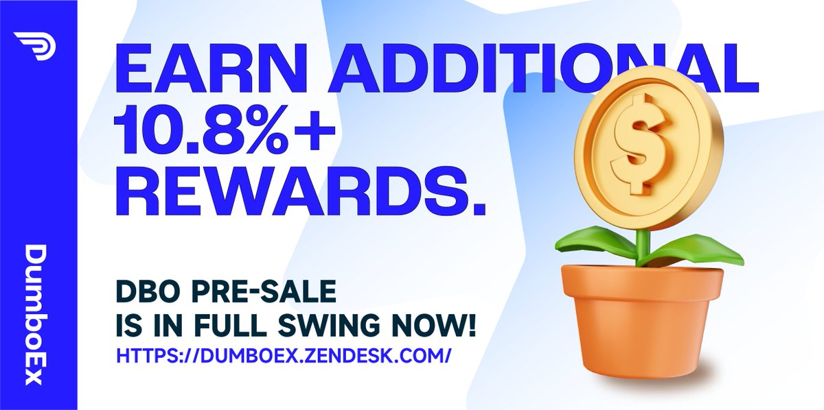 💁‍♂️DBO pre-sale is in full swing.
Participating in Early Pre-Sale could earn additional 10.8% Early Bird Rewards.

🌟Follow us and check on our site to get more information about the DBO benefits on dumboex.zendesk.com/hc/en-ca

#DumboEx #DBO #defichain  #cryptocurrency #EARLYBIRD