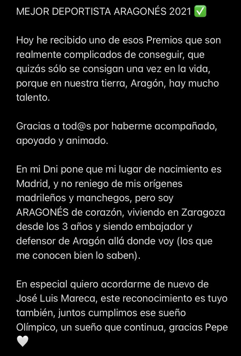 Charlieatle's tweet photo. MEJOR DEPORTISTA ARAGONÉS 2021 ✅

Gracias a tod@s por haberme acompañado, apoyado y animado, en especial a @farleando por ese sueño Olímpico que cumplimos juntos 🤍 https://t.co/KFugKEgnM4