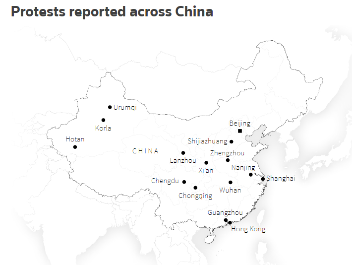 ianbremmer's tweet photo. geographic breakdown of china’s recent anti-govt protests
ht @reuters https://t.co/H2TThV5SI7