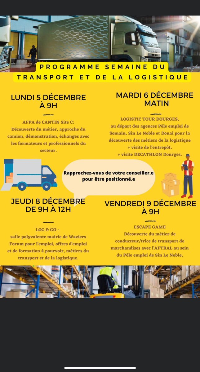 Le Pôle emploi du Douaisis se mobilise pour la semaine du transport et de la logistique 🚛 👷‍♀️Beaucoup d’opportunités à saisir ! Ci-dessous les dates et les lieux à retenir ⤵️⤵️