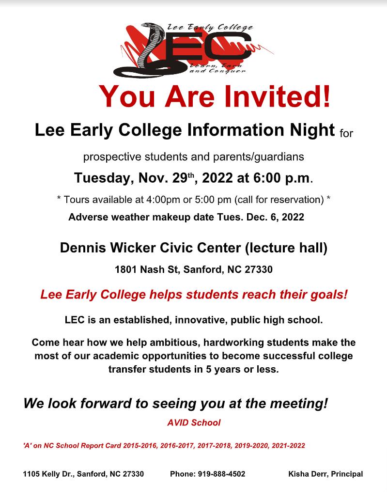 Reminder about the Lee Early College (<a href="/LEC_CCCC/">Lee Early College</a>) informational night on Tuesday, November 29. Open to current 8th grade students &amp; their parents/guardians who are interested in applying to LEC for the 2023-24 school year. <a href="/leecoschoolsnc/">Lee County Schools</a> <a href="/iamcccc/">CCCC</a>