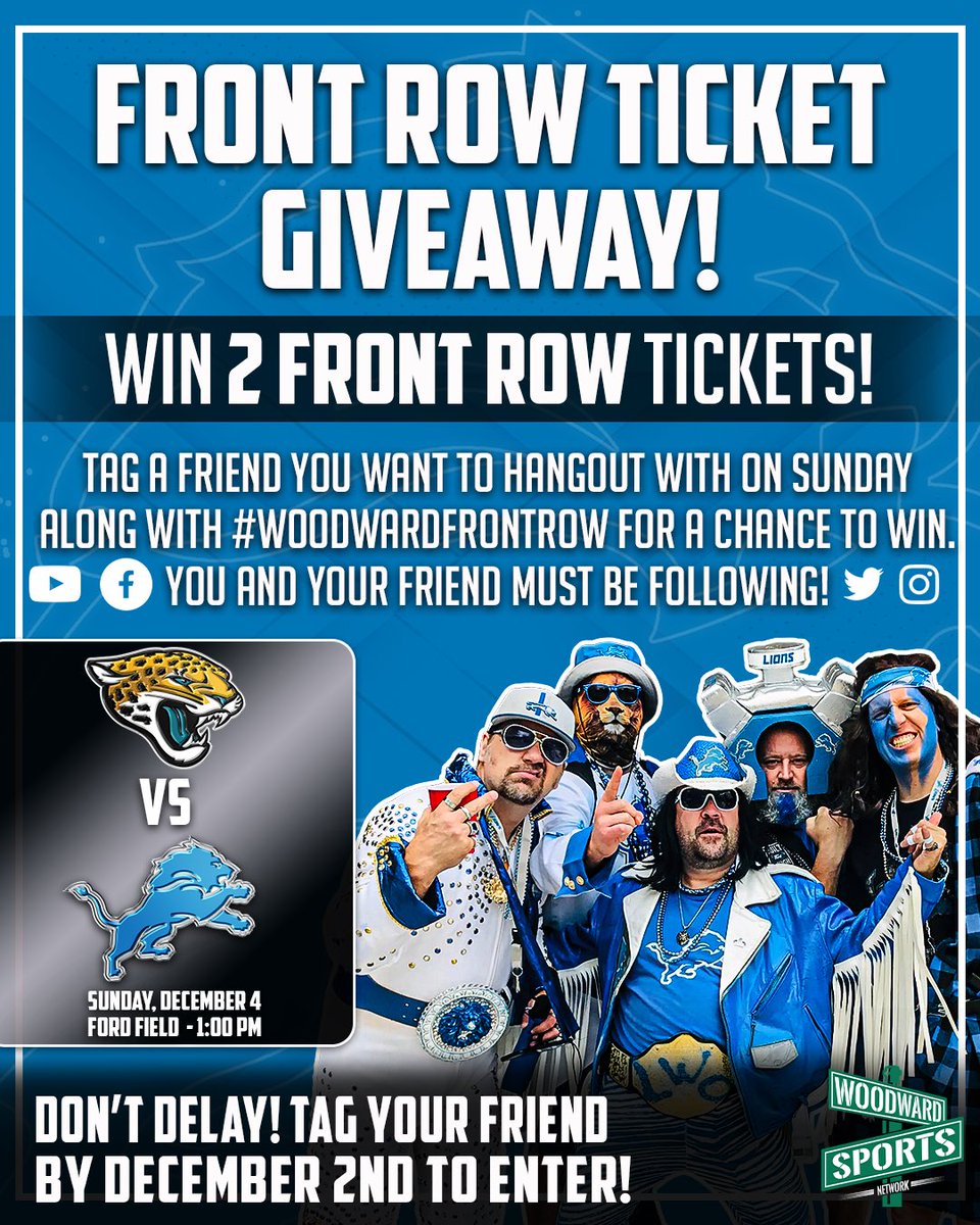 woodwardsports's tweet image. 🚨Lions Front Row Ticket Giveaway🚨 

We are giving away two Lions tickets to Sunday’s game against the Jaguars to ONE lucky fan! To enter: 

- Tag a friend in this Tweet
- Retweet this Tweet
- Follow @WoodwardSports

*A winner will be selected Friday morning*