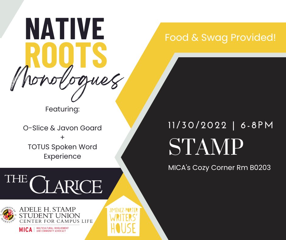 Join @umdtotus in celebration of #NAIHM22 this Wed eve w/ live #spokenword performances,🎙️ #FREE food &amp; giveaways! @umdaisu #NativeRoots #UMD22 #UMD23 #UMD24 #UMD25