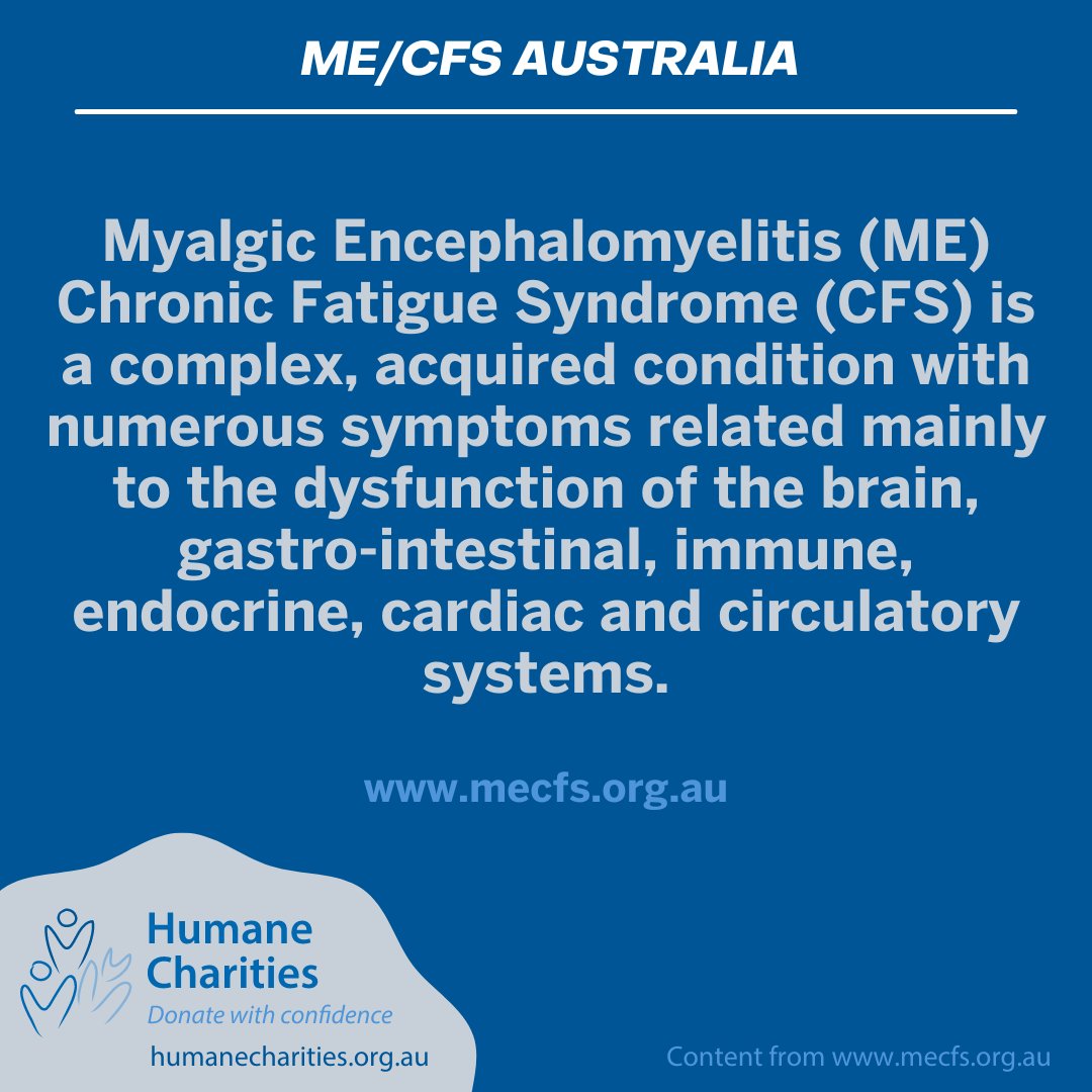 HumaneCharities's tweet image. ME/CFS Australia's role is to communicate with medical and health professionals, federal politicians, service organisations, and the media to improve awareness and knowledge of ME/CFS; support research; and coordinate national ME/CFS awareness projects. mecfs.org.au