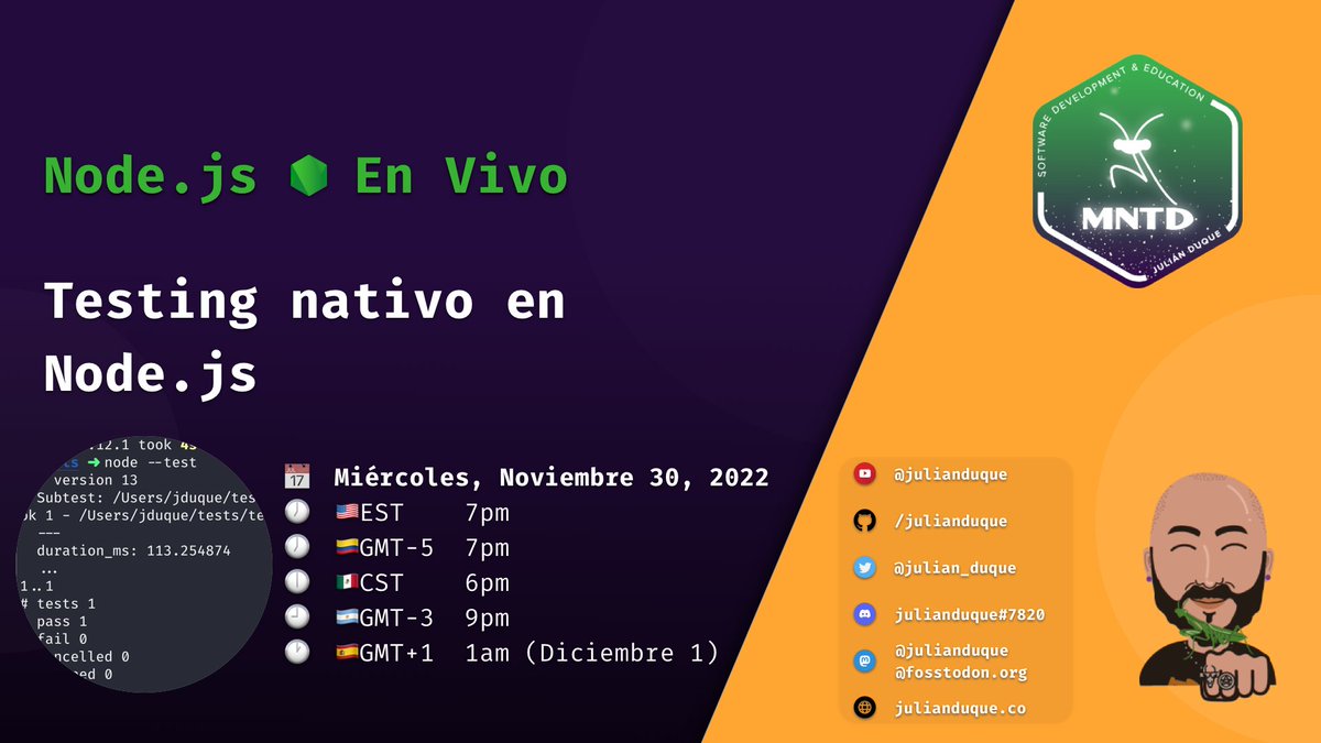 julian_duque's tweet photo. 📢 Volvemos con MNTD Node.js En Vivo el próximo Miércoles, 30 de Noviembre a las 7pm EST/COT donde hablaremos sobre Testing Nativo en Node.js (el nuevo test runner y assert).

Nos vemos en https://t.co/PyLOpxBLYr https://t.co/REG0fkWLot