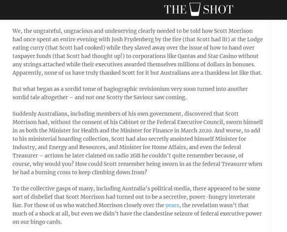 anonymous_julie's tweet photo. @MediaAnalystOz 'Such is the self-belief of the former Mayor of Australia, that he truly thought he could offer up the fact he’d secretly subverted Australia’s Westminster system of government and we would all be overjoyed with gratitude. My God you’re an ungrateful lot.'

Brilliant Ronni Salt. https://t.co/vbSyhcjrx1