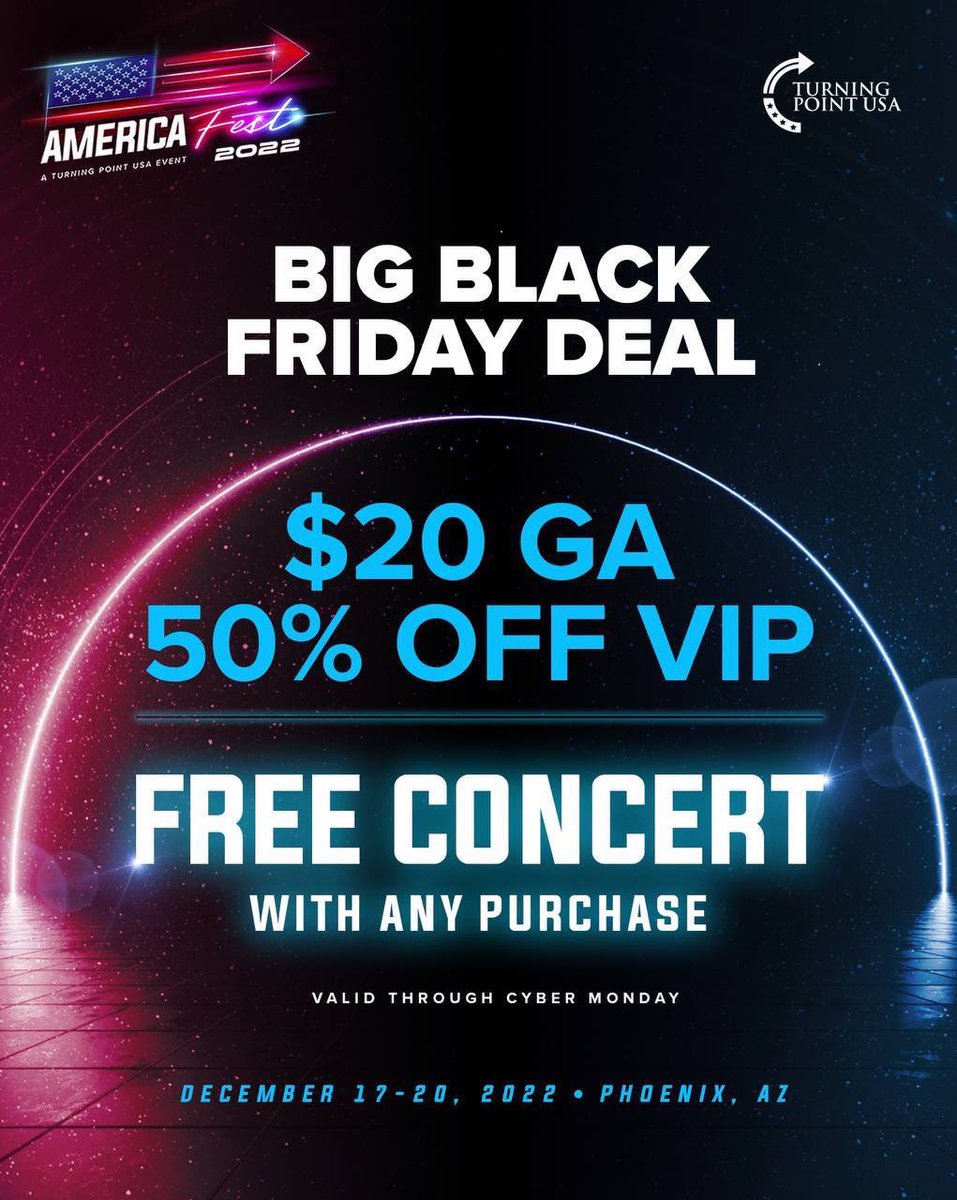 tpusa_gulf's tweet photo. CYBER MONDAY is in full swing!
🌵$20 General Admission Tickets
🌵50% off VIP Tickets
🌵FREE Concert with any purchase 

You do NOT want to miss this!
🌞https://t.co/k7vzBBVh29🌞 https://t.co/RwvBJm7kyM
