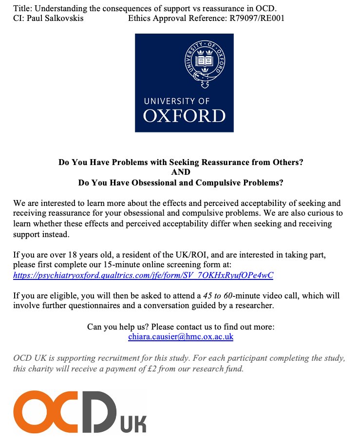 ⭐ We are still recruiting for our study looking at reassurance vs emotional support in OCD ⭐

If you experience OCD, seek reassurance from others, are aged 18+ and live in the UK/ROI, we'd love to hear from you!

For more info click here:
ocduk.org/understanding-…