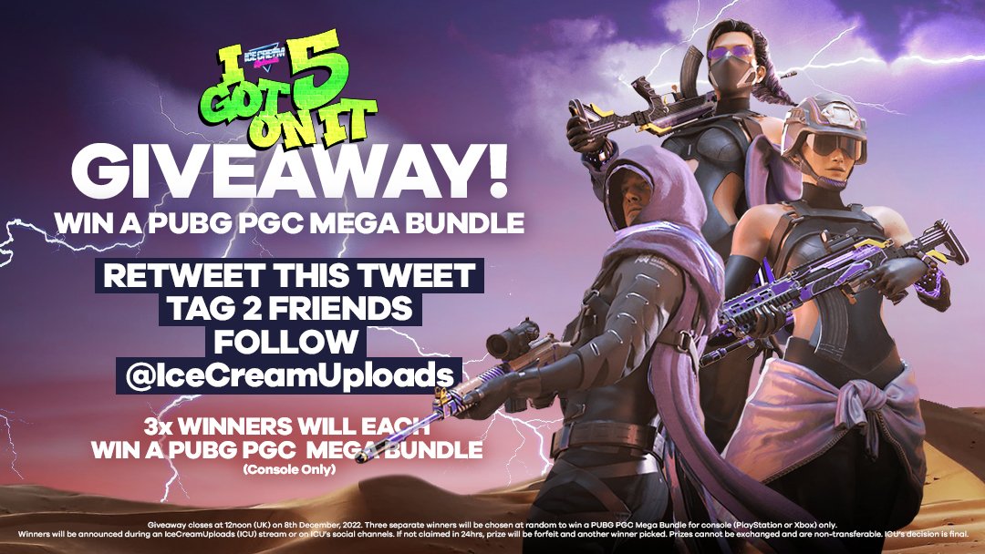IceCreamUploads's tweet image. 5-YEAR STREAMAVERSARY GIVEAWAY!🥳

WIN 1 of 3x PUBG PGC Mega Bundles (PS or Xbox), courtesy of @PUBG_EU!

To enter:
1️⃣ RT this tweet
2️⃣ Tag 2 friends
3️⃣ Follow @IceCreamUploads

#ICUgot5onit

Follow us on Twitch here too: twitch.tv/icecreamuploads

[Ends 12noon GMT, 8/12/2022]