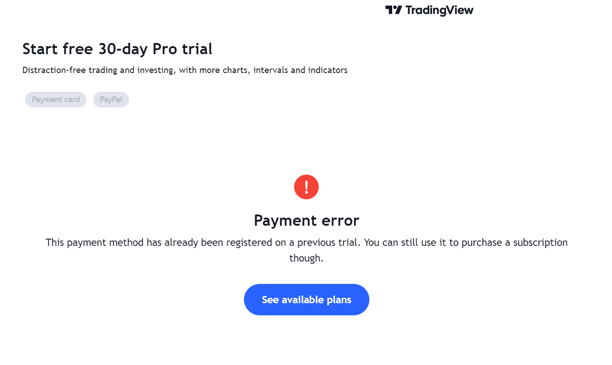 JesseLivemoree's tweet photo. @tradingview tried 3 different credit card and rejected all, and thats the second attempt with the same card. altough it is not activated the trial it says it is registered https://t.co/ymykAZdqwr