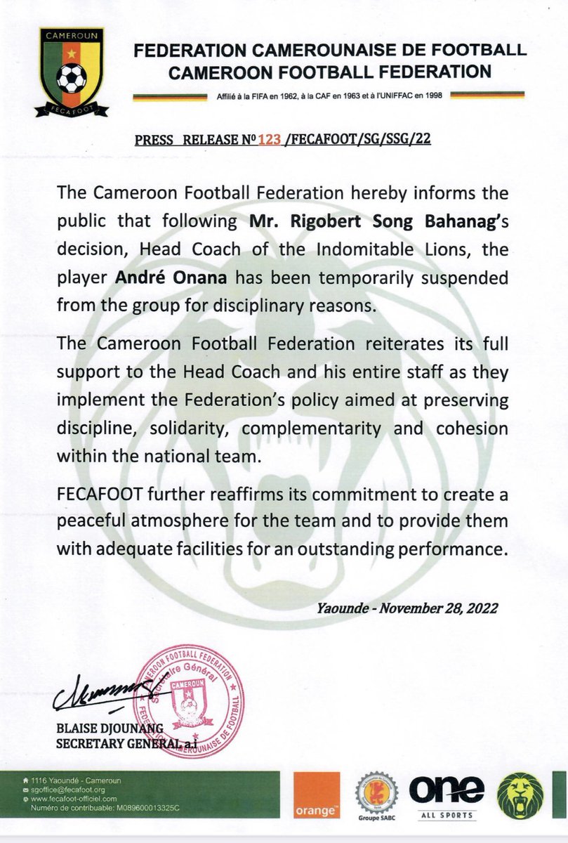FecafootOfficie's tweet photo. 🔴 #PRESSRELEASE https://t.co/ZYkfnOm4NZ