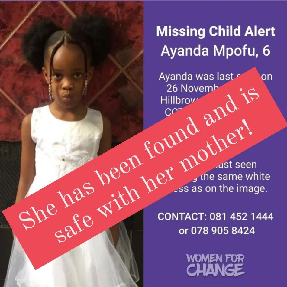 womenforchange5's tweet photo. ⚠️ UPDATE: Ayanda has been found and is safe with her mother https://t.co/rrPquVTTKp