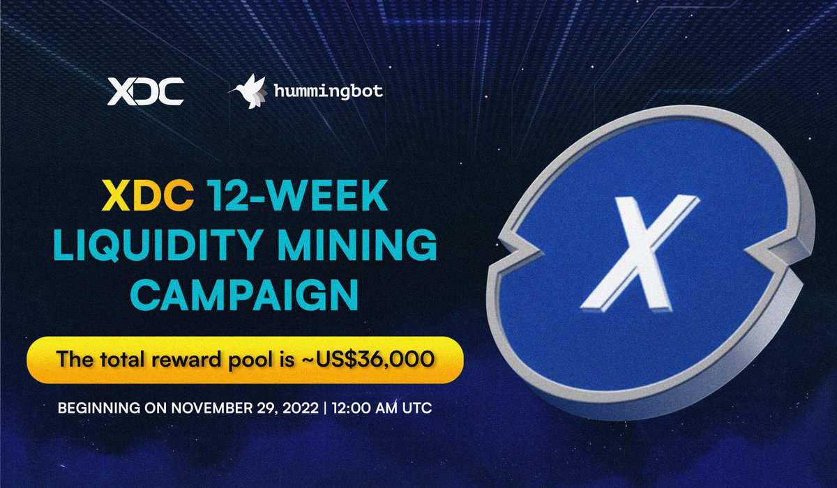 _hummingbot's tweet image. We&apos;re thrilled to welcome $XDC @XinFin_Official with a 🆕 12-week liquidity mining campaign on @gate_io &amp;amp; @kucoincom! 
Join in on November 29, 2022 for your share of the ~US$36,000 total reward pool! 🔥 🚀

Learn more 👉bit.ly/3u5jYht.