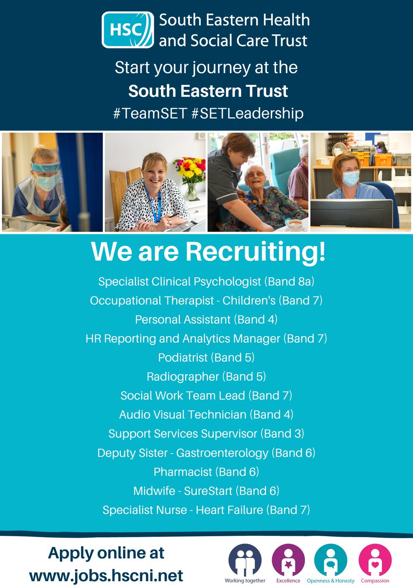 setrust's tweet photo. We are recruiting for the job posts below 👇

For more information or to apply visit: https://t.co/apBJQhnyP8

For any queries you can contact the recruitment team on 028 9536 2998 or email recruitment.ssc@hscni.net 

#TeamSET #SETLeadership https://t.co/tM2hQQLOj6