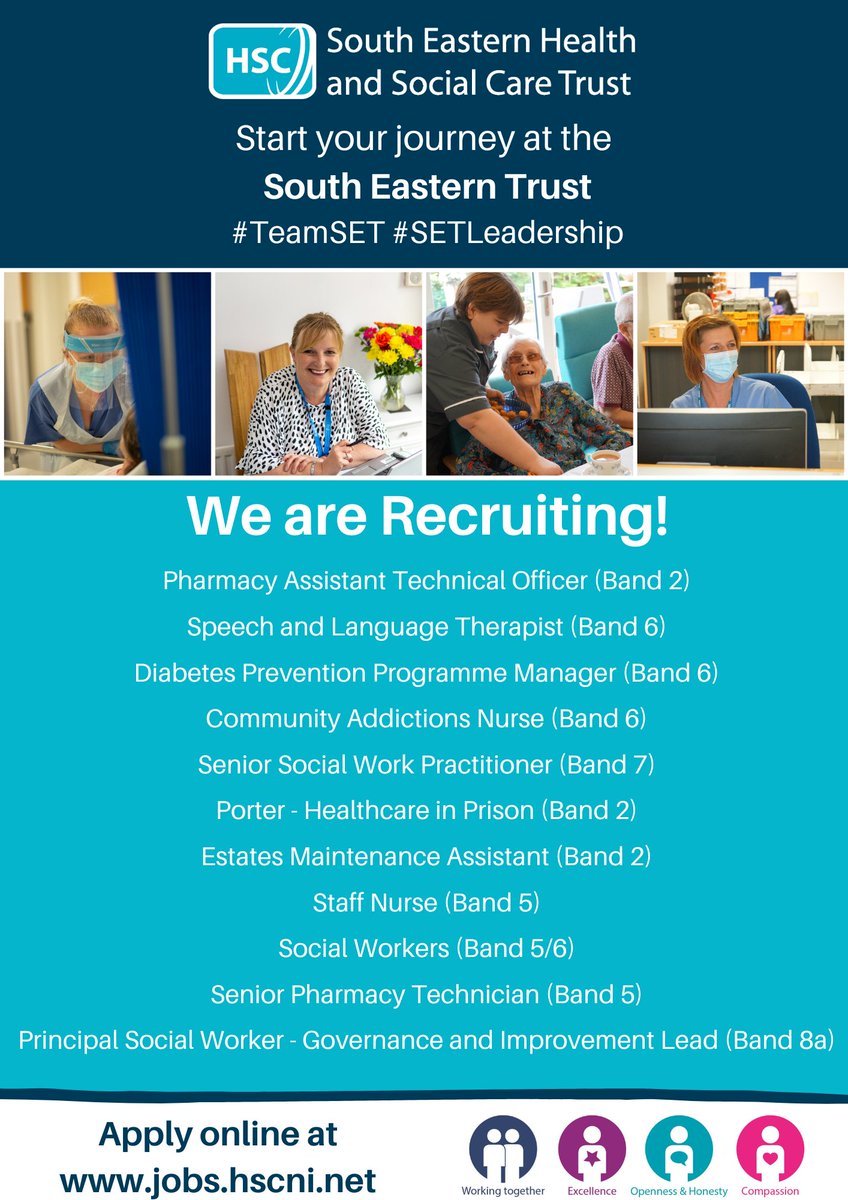 setrust's tweet photo. We are recruiting for the job posts below 👇

For more information or to apply visit: https://t.co/apBJQhnyP8

For any queries you can contact the recruitment team on 028 9536 2998 or email recruitment.ssc@hscni.net 

#TeamSET #SETLeadership https://t.co/tM2hQQLOj6