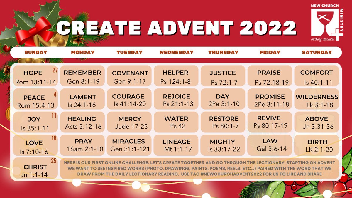 Advent started this past Sunday and New Church Ministry wants all of our followers to show us their creative side! Post prayers, photos, sermonettes, illustrations, and more using the hashtag #newchurchadvent2022 to show us how the Spirit moves you. #ccdoc