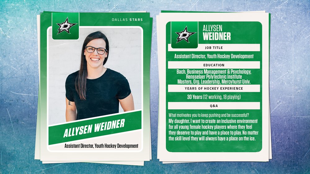 Celebrate women in hockey with Allysen Weidner: With 30 years of experience in hockey, Weidner is focused on growing hockey in Dallas at a grassroot level and is motivated by her own daughter to create an inclusive environment for young girls.

Read more: nhl.com/news/women-in-…