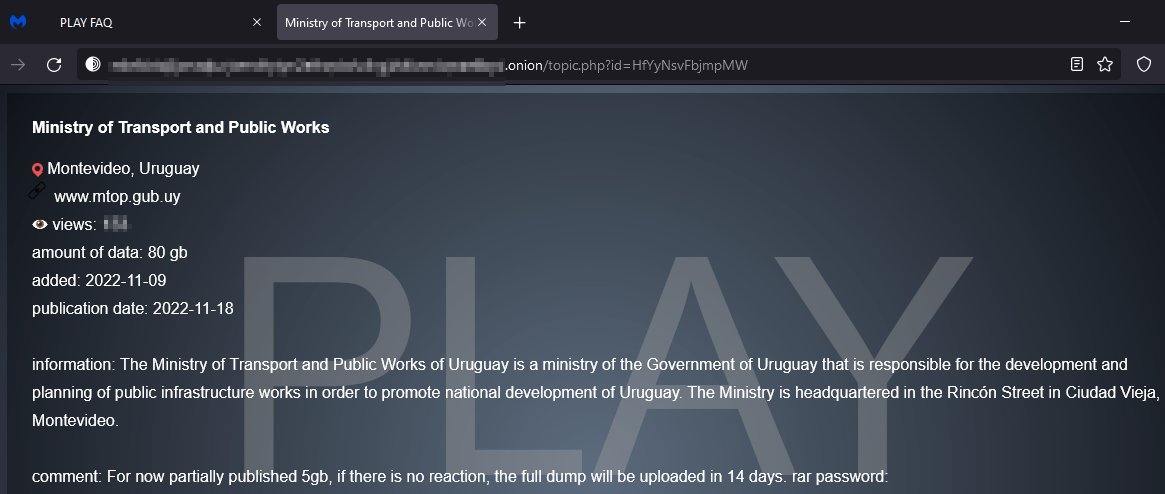 Marcelo Rivero (@marcelorivero) on Twitter photo El "nuevo" grupo #Play #Ransomware se responsabiliza del #ciberataque contra el Ministerio de Transporte y Obras Públicas del Uruguay 🇺🇾 (<a href="/mtopuy/">Ministerio de Transporte y Obras Públicas</a> )
El grupo ya publicó 5 de los 80 GB supuestamente
robados del Ministerio, que estaremos analizando 🧐 El "nuevo" grupo #Play #Ransomware se responsabiliza del #ciberataque contra el Ministerio de Transporte y Obras Públicas del Uruguay 🇺🇾 (<a href="/mtopuy/">Ministerio de Transporte y Obras Públicas</a> )
El grupo ya publicó 5 de los 80 GB supuestamente
robados del Ministerio, que estaremos analizando 🧐