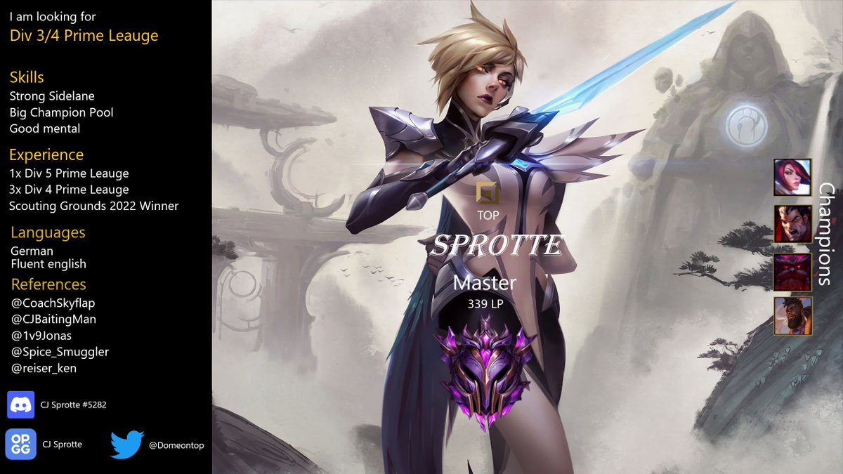 I am LFT for spring split 2023 after i already finished my split with <a href="/CJayGamers/">CJ Gaming</a> im looking for Prime Leauge Div 3/4
My References are:
<a href="/CoachSkyflap/">BDS Skyflap</a> 
<a href="/1v9Jonas/">Jonas</a> 
<a href="/CJBaitingMan/">Caramello</a> 
<a href="/Spice_Smuggler/">Swiftdash</a> 
<a href="/reiser_ken/">Kenski</a> 
For further informations contact me via Twitter or Discord
<a href="/lft_prime/">Prime League LFT</a>