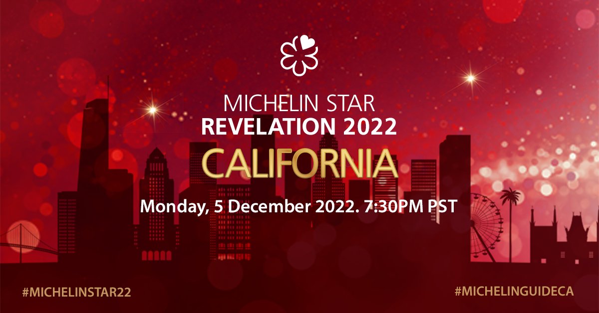The 2022 MICHELIN Guide California is almost here! Who's getting a Star or two or three this year? Bib Gourmands will be released on November 29; MICHELIN Stars will be revealed on December 5. #MICHELINGuideCA