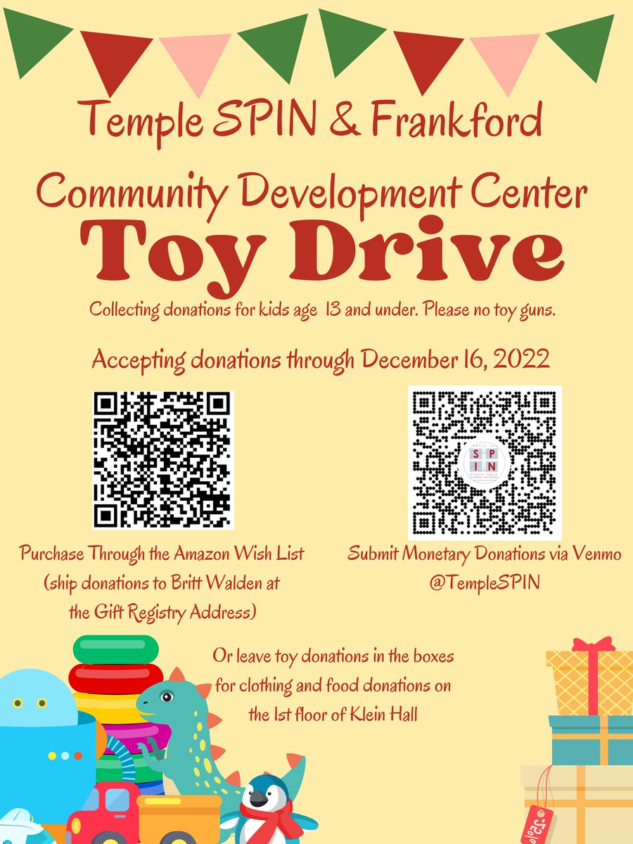 brittw_esq's tweet photo. Frankford Community Development Center and Temple's SPIN are collecting toys! Send a gift from the Amazon Wishlist to me or donate via Venmo to TempleSPIN. Make this Giving Tuesday a great one! https://t.co/3X6dXYK7ij