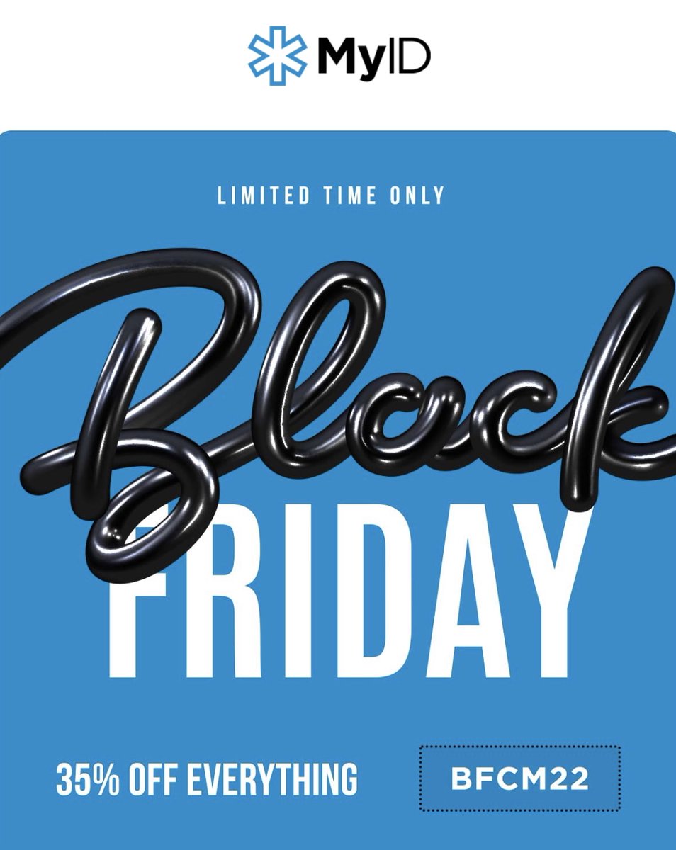 Today is the last day to take advantage of our Black Friday/Cyber Monday Sale!!! Save 35% when you use code bfcm22 at check you!!

#myid #shopmyid #getmyid #id #medical #medicalid #medicalbracelet  #blackfriday #blackfridaysale #cybermonday #cybermondaysale