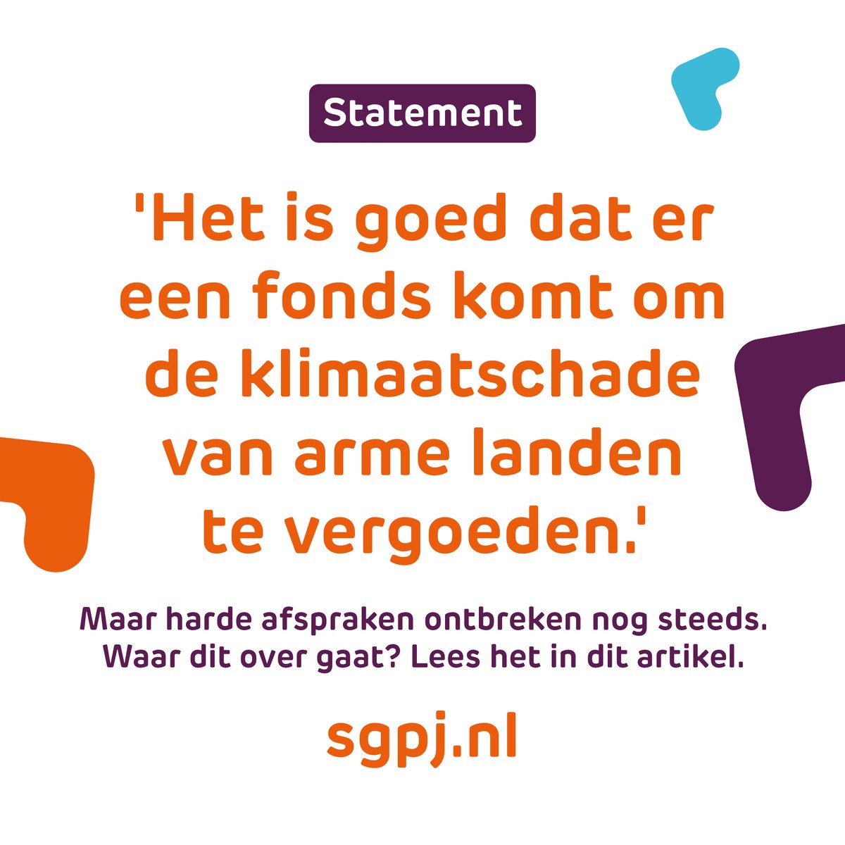 In een statement over #COP27 schrijven <a href="/WillemJanBlom2/">Willem Jan Blom</a> en <a href="/jtdekoeijer/">Jonathan de Koeijer</a> over twee afspraken:

1. Het klimaatschadefonds is een goed voorstel.
2. De doelstelling van 1,5 graad is niet meer realistisch, maar opwarming beperken blijft een Bijbelse opdracht. 

sgpj.nl/artikelen/een-…