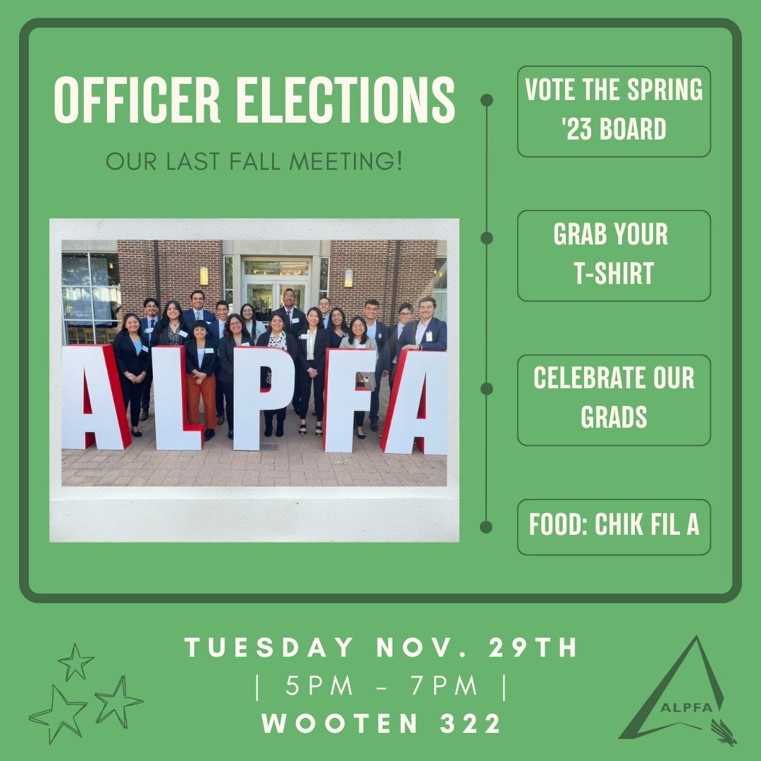 Its that time of the semester! Officer elections will be in session Tuesday Nov. 29th. This meeting will run an hour longer than usual (5PM - 7PM) as we will also be handing out T-shirts and eating together as usual!

#alpfa #alpfamilia #students #alpfaunt #untbusiness