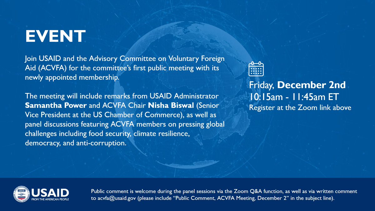 USAID's tweet photo. EVENT: USAID's newly re-established Advisory Committee's first Public Meeting is Friday, Dec 2 at 10:15am ET. Hear from @PowerUSAID &amp; ACFVA Chair @NishaBiswal on ACVFA's priorities &amp; approaches to meeting major global challenges &amp; to share your feedback. https://t.co/IetfO7ng8k https://t.co/D5DLSFxJv1