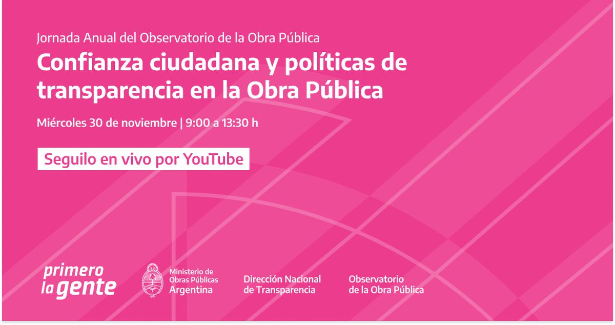 Jornada Anual del Observatorio de la Obra Pública

Este miércoles 30 desde las 9h, sumate al Encuentro sobre Confianza ciudadana y Políticas de transparencia en la Obra Pública, que tendrá distintos paneles y disertantes.

Seguilo en vivo por acá: youtube.com/watch?v=InGGIM…