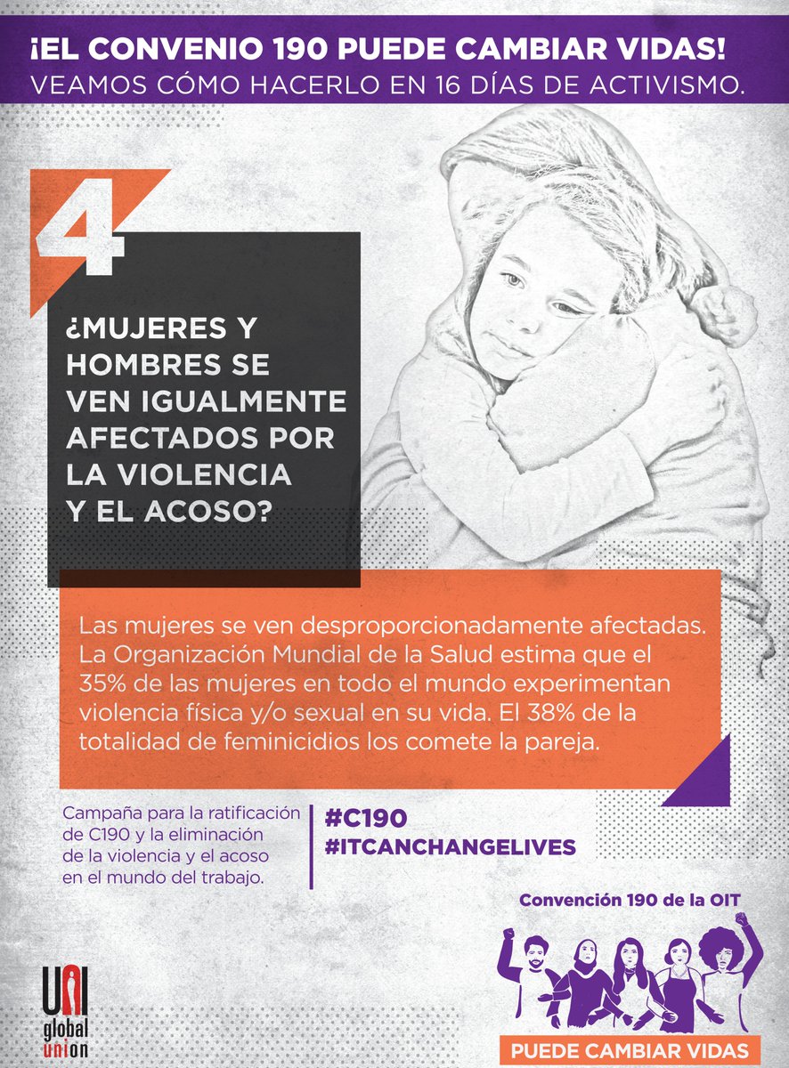 Campaña para la ratificación de C190 y la eliminación de la violencia y el acoso en el mundo del trabajo.
<a href="/uniamericas/">UNI Américas</a> <a href="/uni_equal/">UNI Equal Opportunities</a> #C190Ya #RatifyC190 #16DiasdeActivismo #C190 #ITCANCHANGELIVES