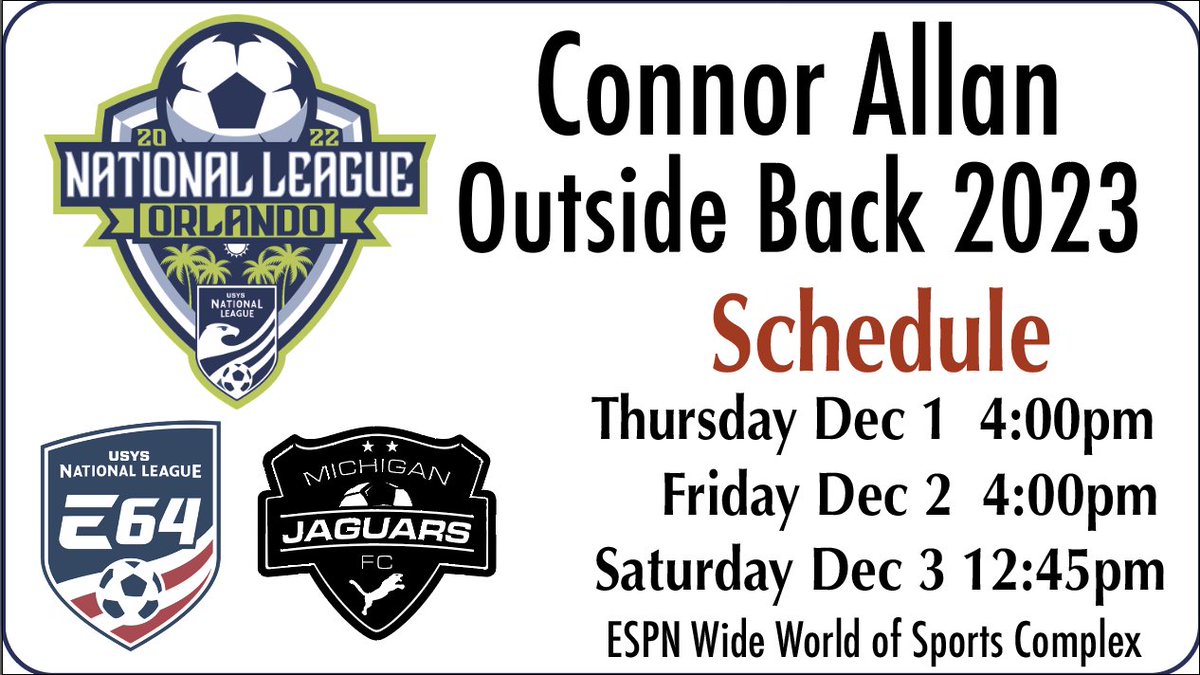 Connor Allan (@connorallan24) on Twitter photo Come check out the Michigan Jaguars 04/05 E64 Team at National League Orlando this week!
system.gotsport.com/org_event/even…
<a href="/MichiganJaguars/">Michigan Jaguars FC</a> <a href="/ImCollegeSoccer/">College Soccer Truth ™</a> <a href="/NationalLeague/">National League</a>
<a href="/scoutingzone/">ScoutingZone®</a> <a href="/TopDrawerSoccer/">TopDrawerSoccer</a> <a href="/TopPreps/">AI SEARCH - TOP PREPS AI SPORTS SEARCH ENGINE</a> <a href="/Sports_Recruits/">SportsRecruits</a> <a href="/Co11egeSoccer/">College Soccer Recruiting Resources</a> @SoccerMomInt
#earnyourplace Come check out the Michigan Jaguars 04/05 E64 Team at National League Orlando this week!
system.gotsport.com/org_event/even…
<a href="/MichiganJaguars/">Michigan Jaguars FC</a> <a href="/ImCollegeSoccer/">College Soccer Truth ™</a> <a href="/NationalLeague/">National League</a>
<a href="/scoutingzone/">ScoutingZone®</a> <a href="/TopDrawerSoccer/">TopDrawerSoccer</a> <a href="/TopPreps/">AI SEARCH - TOP PREPS AI SPORTS SEARCH ENGINE</a> <a href="/Sports_Recruits/">SportsRecruits</a> <a href="/Co11egeSoccer/">College Soccer Recruiting Resources</a> @SoccerMomInt
#earnyourplace