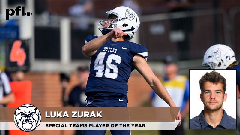 𝟮𝟬𝟮𝟮 𝗣𝗙𝗟 𝗦𝗽𝗲𝗰𝗶𝗮𝗹 𝗧𝗲𝗮𝗺𝘀 𝗣𝗹𝗮𝘆𝗲𝗿 𝗼𝗳 𝘁𝗵𝗲 𝗬𝗲𝗮𝗿 
<a href="/ButlerUFootball/">Butler Football</a> punter/kicker Luka Zurak. 
Led all kickers with 72 points scored and a 41.78 punting average in 2022.