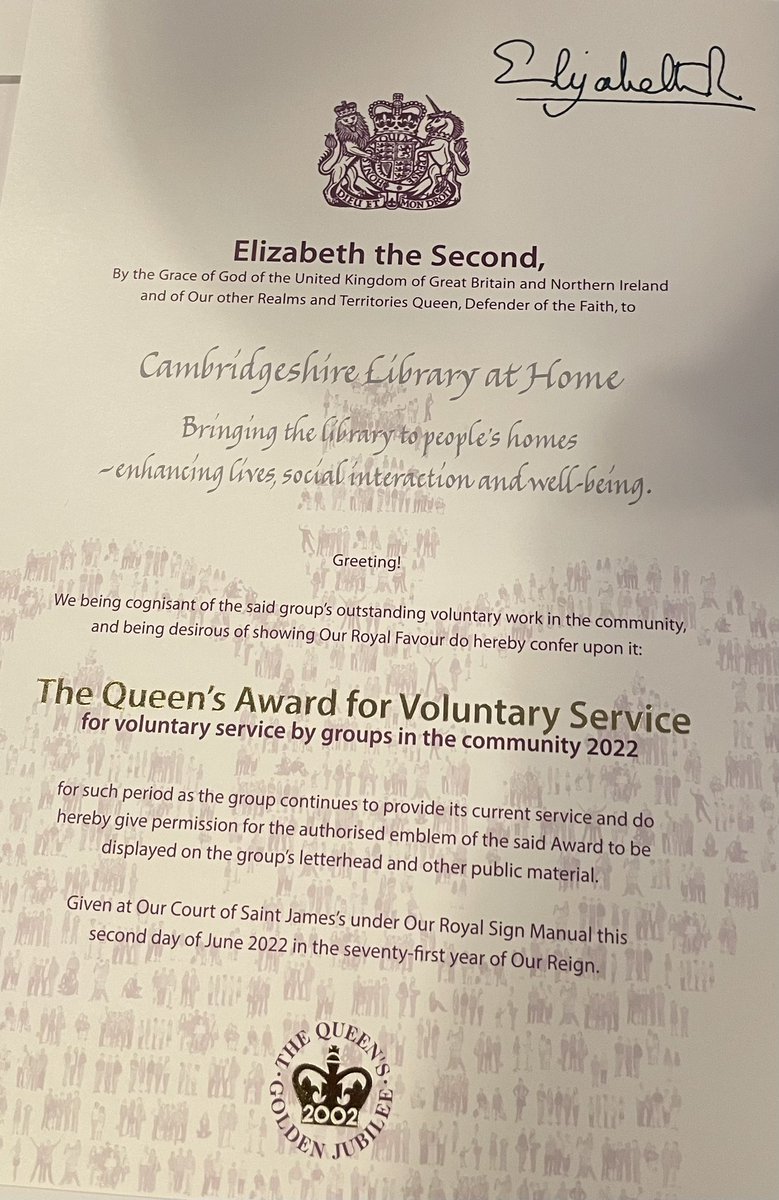 Nice to join HM the Kings @Lord_Lt_Cambs to present wonderful @CambsCC Library@Home with their @QueensAwardVS recognising commitment & dedication of 120+ volunteers & staff bringing library services to those who can’t access them. A real life line! #QueensAward